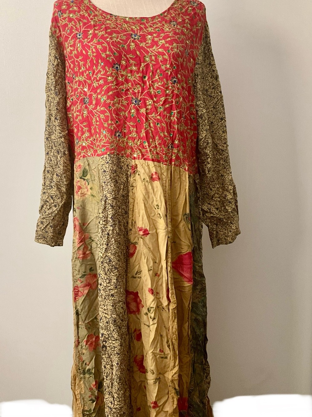 Vintage Silhouettes Patchwork Mixed Print Maxi Dress 16W Rayon Boho Cottagecore